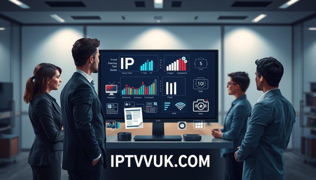 An informative illustration depicting IPTV service testing methodology. In the foreground, a diverse group of three professionals in smart business attire are gathered around a monitor displaying IPTV analytics and performance metrics. The middle layer showcases various testing tools, such as a laptop with graphs, speed test applications, and a survey form, surrounded by digital icons symbolizing streaming services. The background features a sleek, modern office environment with soft, ambient lighting enhancing a focused atmosphere. Utilize a shallow depth of field to emphasize the group and the monitor, capturing a professional mood that conveys meticulous testing processes in the technology industry. Include the branding "IPTVVUK.COM" subtly integrated into the design elements, ensuring a clean and polished visual presentation.