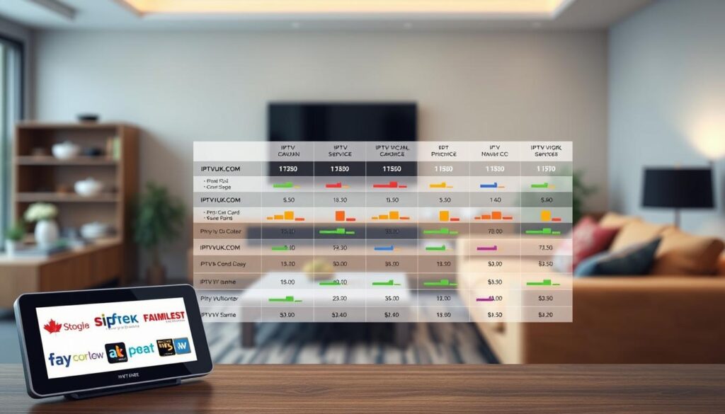 Create a detailed and visually engaging image illustrating an "IPTV Pricing Comparison" specifically focused on Canadian services. In the foreground, include a sleek digital device displaying various IPTV service logos, such as IPTVVUK.COM, each accompanied by pricing icons. The middle ground should consist of a transparent innovative chart comparing the prices of multiple IPTV services with colorful bars and lines for clear differentiation. In the background, add a modern living room setting with a cozy ambiance, featuring a large wall-mounted TV. Use soft, natural lighting to enhance the inviting atmosphere, with a slight depth of field effect to focus on the foreground devices and chart. Aim for a sophisticated yet accessible look that reflects professionalism and clarity.