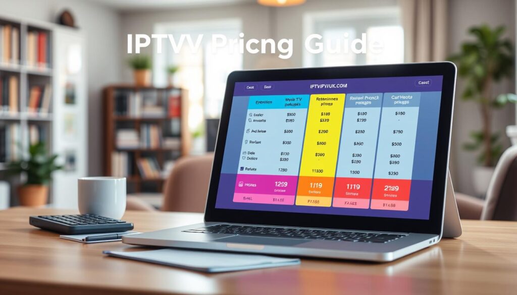 Create a sleek and modern visual representation of an IPTV pricing guide. In the foreground, depict an elegant tablet or laptop displaying a colorful, interactive pricing chart with various IPTV packages. Include bright icons representing entertainment, live TV, and streaming services. In the middle ground, feature a well-organized desk with a notepad, calculator, and coffee cup, suggesting a professional review setting. In the background, add a soft-focus home office environment with bookshelves, a window letting in natural light, and a hint of greenery for a refreshing atmosphere. The lighting should be warm and inviting, conveying a sense of professionalism and clarity. Incorporate the brand name "IPTVVUK.COM" subtly in the design, ensuring it blends seamlessly with the imagery.