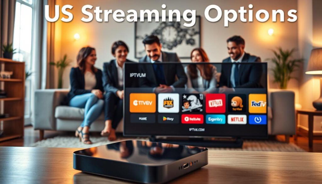 Create a visually engaging image that represents "US Streaming Options" with a focus on the latest IPTV services. In the foreground, feature a sleek, modern device, like a streaming box or smart TV, displaying multiple streaming app icons with the brand name "IPTVVUK.COM" prominently shown. In the middle ground, include diverse, professional individuals in business attire interacting with the technology, suggesting ease of use and accessibility. The background should be a cozy living room setup, infused with warm, inviting lighting that conveys a sense of comfort and family togetherness. Use a slightly elevated angle to emphasize the technology while capturing the ambiance of a modern home entertainment space. Aim for a bright, optimistic atmosphere that highlights innovation in streaming services without any text or distracting elements.