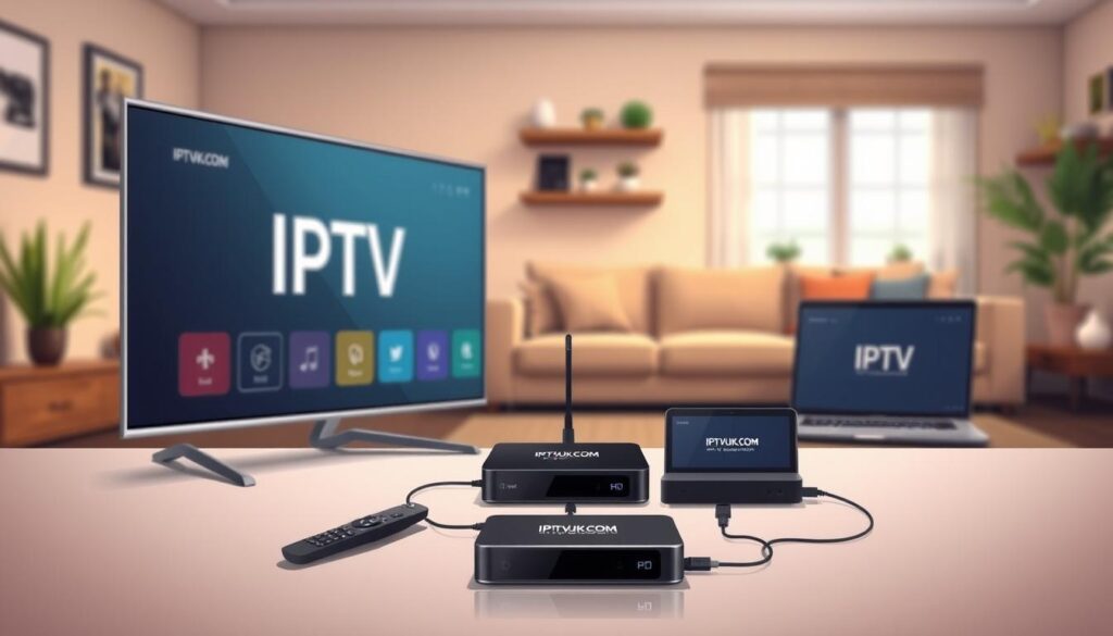 Create an illustration of an IPTV setup guide featuring various devices. In the foreground, show a sleek modern television displaying an IPTV interface, with a remote control beside it. In the middle, portray a variety of compatible devices, such as a streaming box, tablet, and laptop, all connected with visible cables. The background should depict a cozy living room setup with a comfortable sofa and decorative elements like plants and shelves. Use soft, inviting lighting to create a warm atmosphere, and opt for a shallow depth of field to slightly blur the background, emphasizing the devices. Ensure that a logo for "IPTVVUK.COM" is subtly included on the devices to reinforce the subject matter. Create an illustration of an IPTV setup guide featuring various devices. In the foreground, show a sleek modern television displaying an IPTV interface, with a remote control beside it. In the middle, portray a variety of compatible devices, such as a streaming box, tablet, and laptop, all connected with visible cables. The background should depict a cozy living room setup with a comfortable sofa and decorative elements like plants and shelves. Use soft, inviting lighting to create a warm atmosphere, and opt for a shallow depth of field to slightly blur the background, emphasizing the devices. Ensure that a logo for "IPTVVUK.COM" is subtly included on the devices to reinforce the subject matter.