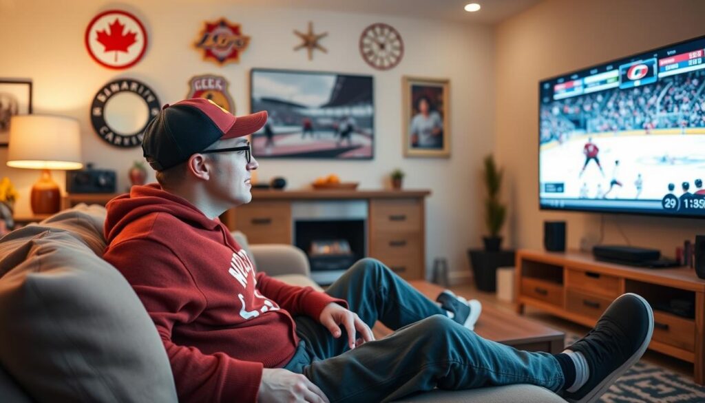 Create an image of a Canadian sports enthusiast watching a hockey game on Pioneer TV with a 4K resolution.