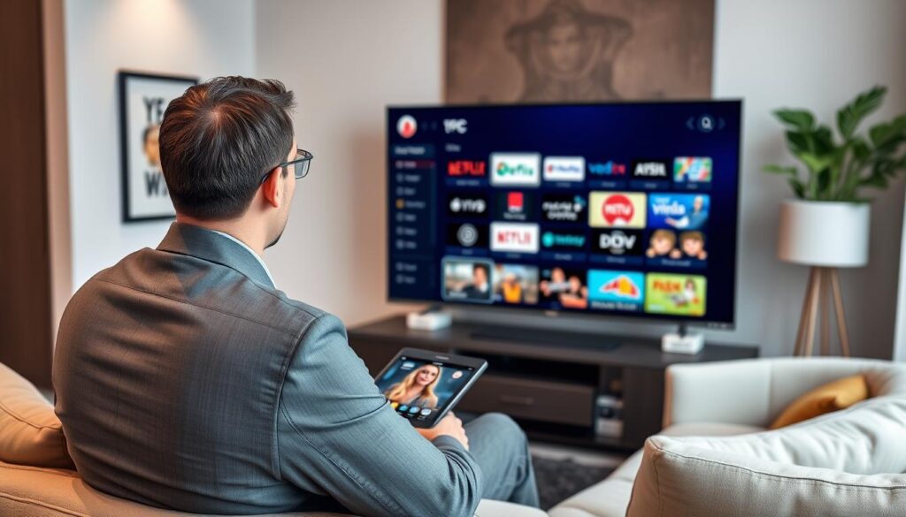 Create an image of a person using IPTV Smarters Pro on their Android TV, with multiple channels displayed on the screen.