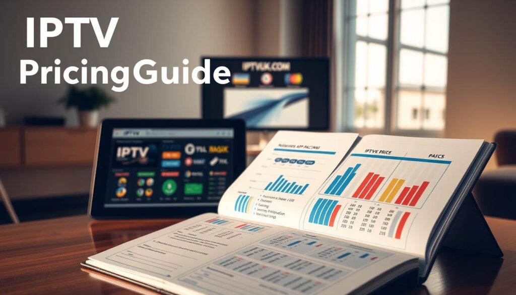 Create an image representing an "IPTV Pricing Guide." In the foreground, display an elegant open notebook featuring detailed charts and graphs illustrating various IPTV service prices and packages. Beside the notebook, place a modern tablet showing a sleek user interface of an IPTV application with colorful icons. In the middle ground, depict a clean, stylish desk setup with a desktop computer displaying a professional website named "IPTVVUK.COM," featuring comparative pricing information. The background should feature a softly lit, contemporary office environment with a large window allowing natural light to stream in, casting gentle shadows. The mood should be informative and professional, inviting readers to explore IPTV options thoroughly. Use a warm color palette to create a welcoming atmosphere. Create an image representing an "IPTV Pricing Guide." In the foreground, display an elegant open notebook featuring detailed charts and graphs illustrating various IPTV service prices and packages. Beside the notebook, place a modern tablet showing a sleek user interface of an IPTV application with colorful icons. In the middle ground, depict a clean, stylish desk setup with a desktop computer displaying a professional website named "IPTVVUK.COM," featuring comparative pricing information. The background should feature a softly lit, contemporary office environment with a large window allowing natural light to stream in, casting gentle shadows. The mood should be informative and professional, inviting readers to explore IPTV options thoroughly. Use a warm color palette to create a welcoming atmosphere.