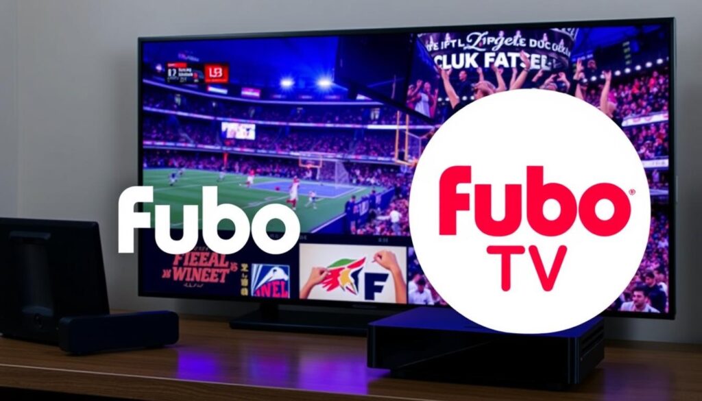 Fubo TV logo with a streaming device and a sports channel on the screen