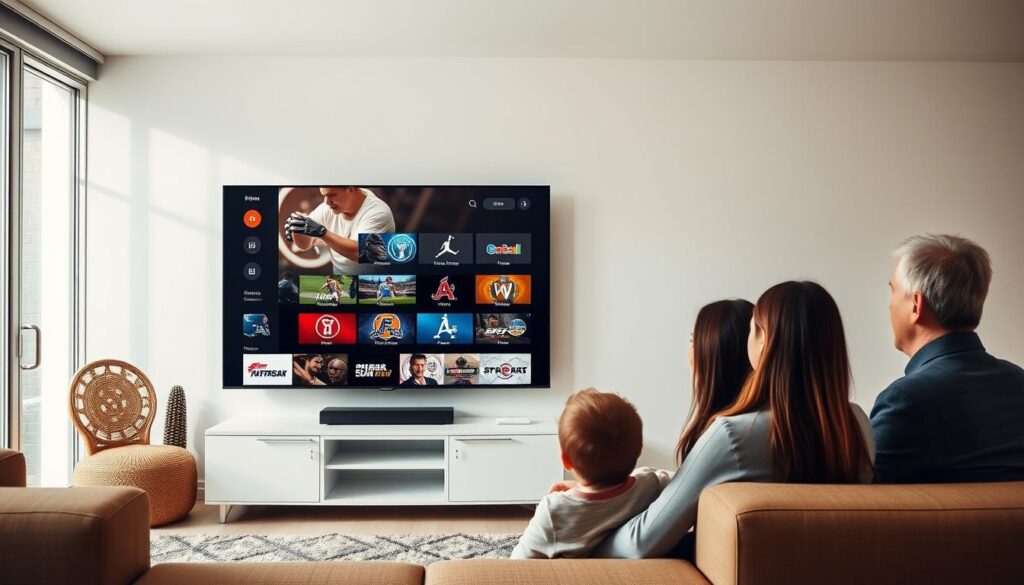 Generate an image depicting OTTOcean's electronic program guide (EPG) on a smart TV, showcasing a variety of sports channels. Generate an image depicting OTTOcean's electronic program guide (EPG) on a smart TV, showcasing a variety of sports channels.