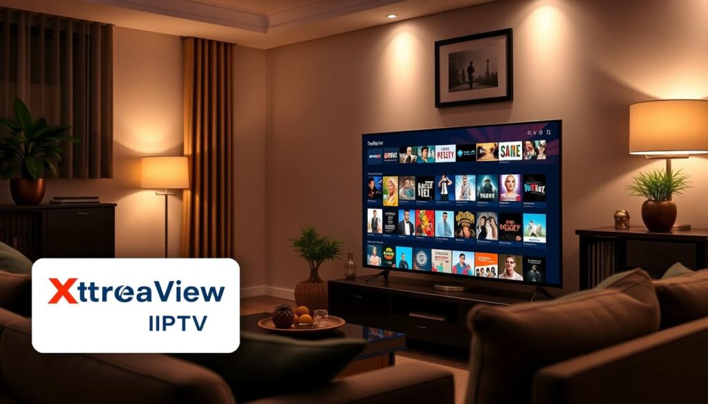 Generate an image highlighting XtreamView IPTV's vast content library on a smart TV.