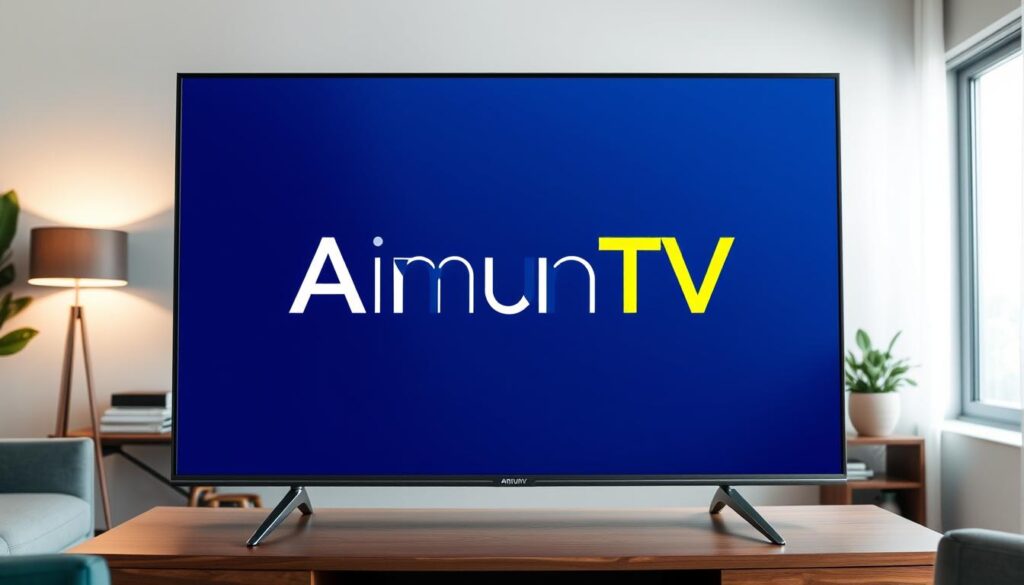 Generate an image of AmunTV's logo on a smart TV screen