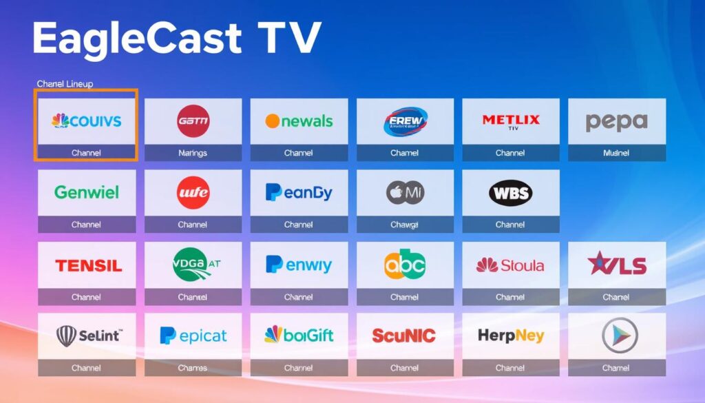Generate an image of EagleCast TV's channel lineup, highlighting popular North American channels.