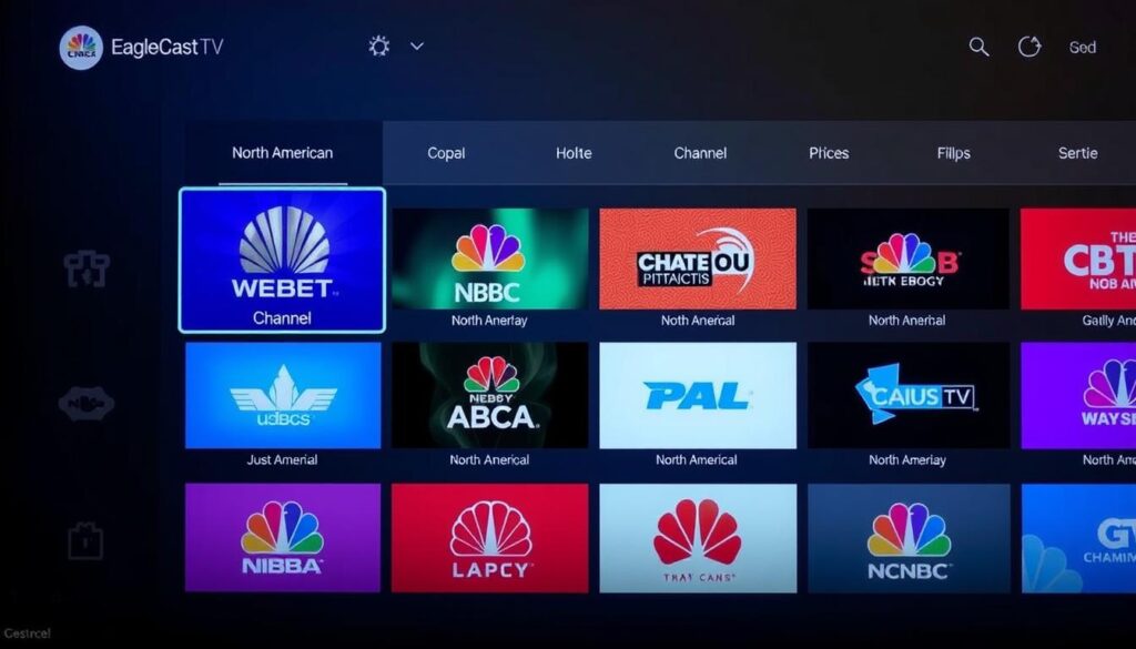 Generate an image of EagleCast TV's interface showcasing North American channels Generate an image of EagleCast TV's interface showcasing North American channels