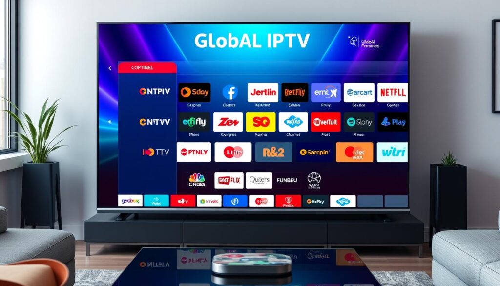 Generate an image of Global IPTV's channel lineup on a TV Generate an image of Global IPTV's channel lineup on a TV