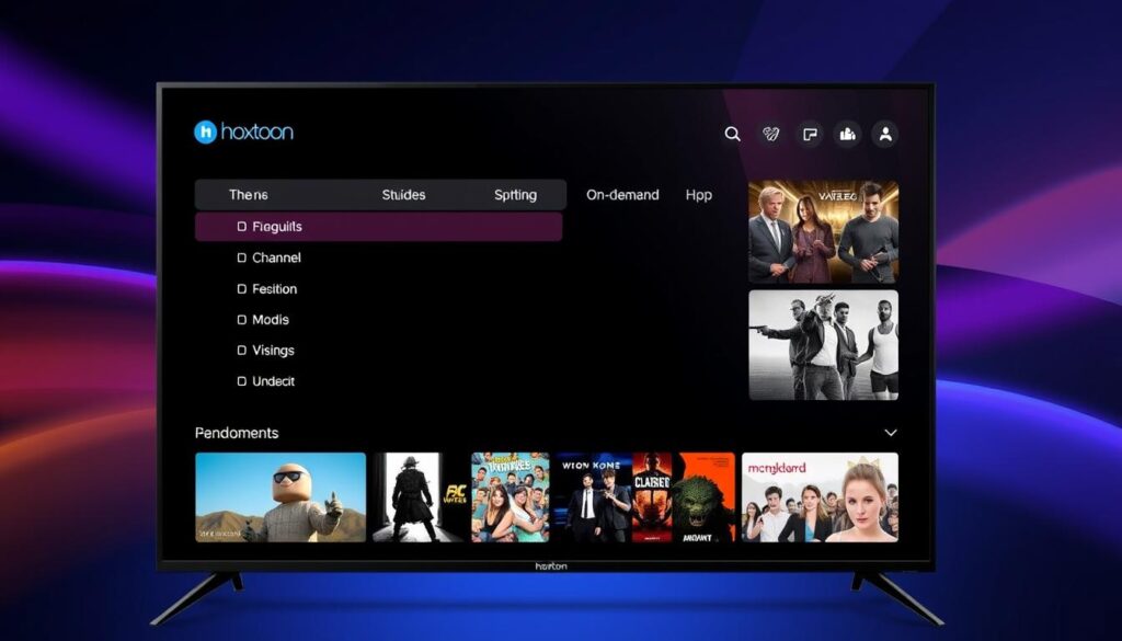 Generate an image of Hoxtoon IPTV's interface, showcasing its channel guide and on-demand library.