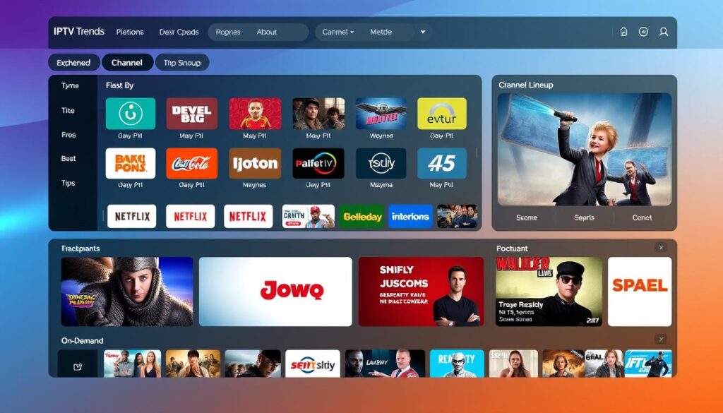 Generate an image of IPTV Trends' dashboard, showcasing its extensive channel lineup and on-demand content.