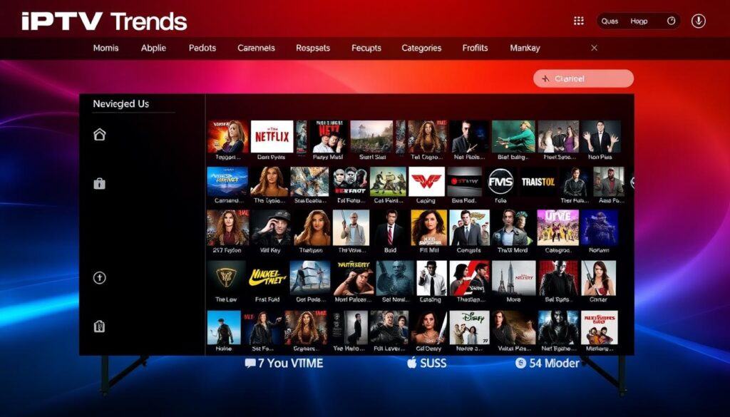 Generate an image of IPTV Trends' interface, showcasing its 19,000+ live channel selection and extensive movie library.