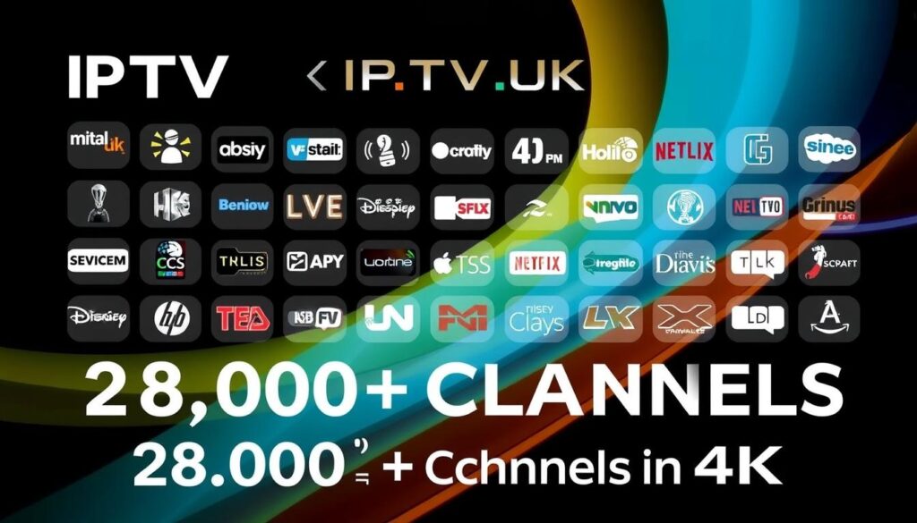 Generate an image of IPTV UK's extensive channel lineup, highlighting its 28,000+ channels and 4K streaming capabilities.