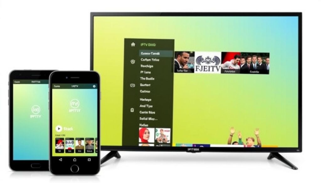 Generate an image of IPTVDigi's interface on various devices, showcasing its user-friendly app and extensive channel lineup.