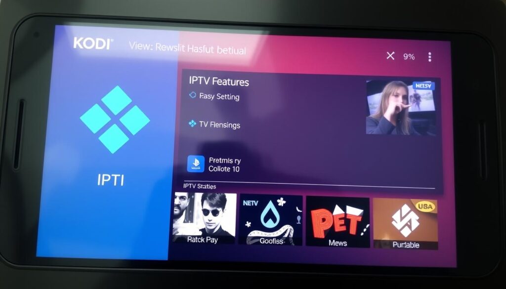 Generate an image of KODI's interface on an Android device, showcasing its IPTV features.