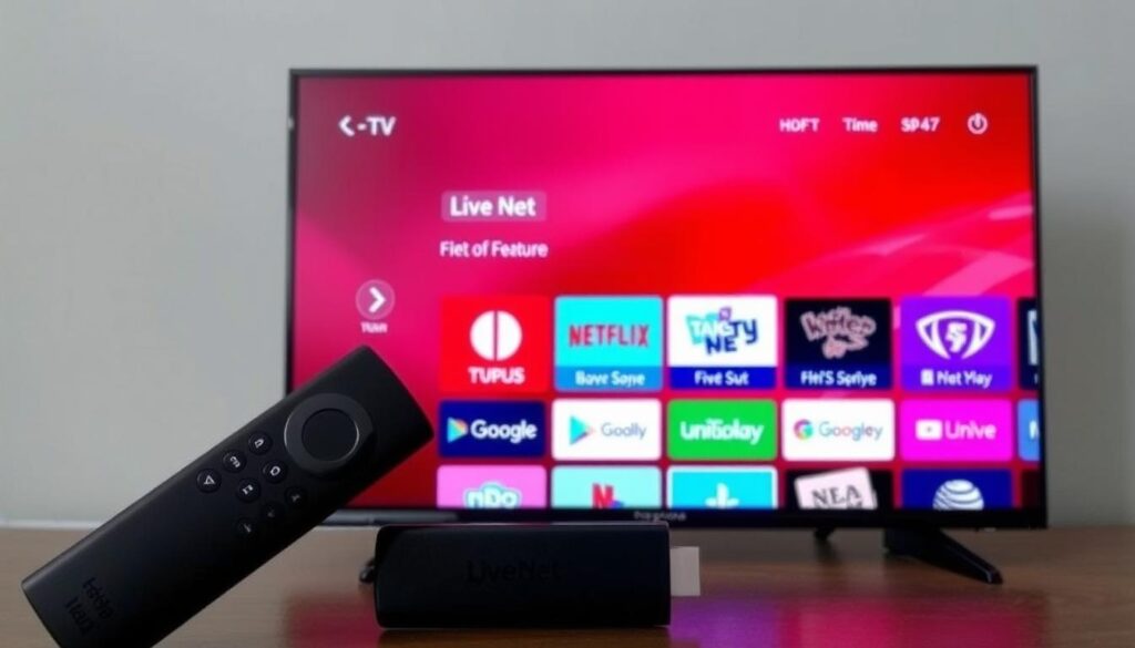 Generate an image of Live Net TV interface on a FireStick device. Generate an image of Live Net TV interface on a FireStick device.