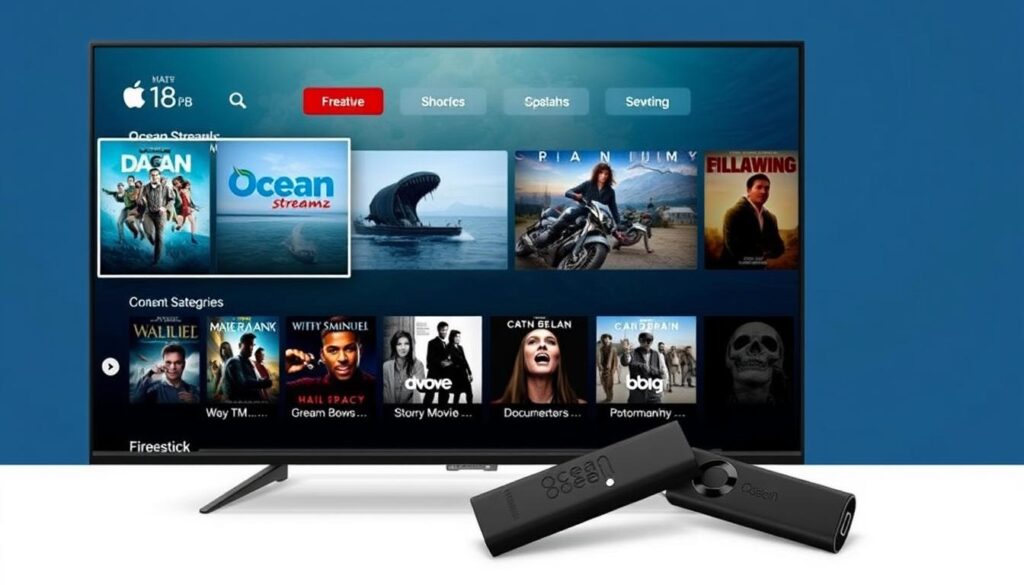 Generate an image of Ocean Streamz app on FireStick with various content categories. Generate an image of Ocean Streamz app on FireStick with various content categories.