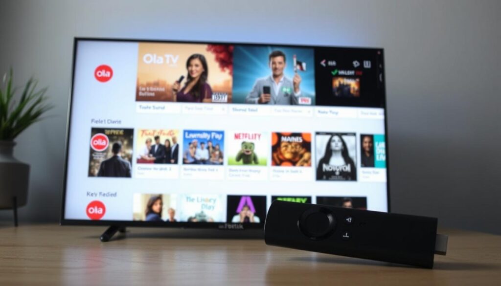 Generate an image of Ola TV app on a FireStick. Generate an image of Ola TV app on a FireStick.