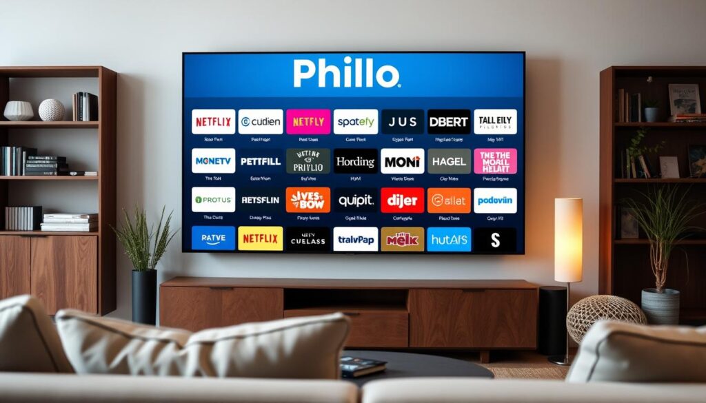 Generate an image of Philo's channel lineup on a TV screen Generate an image of Philo's channel lineup on a TV screen