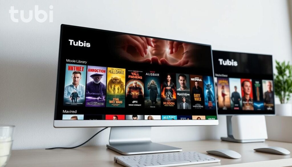Generate an image of Tubi's movie library on a computer