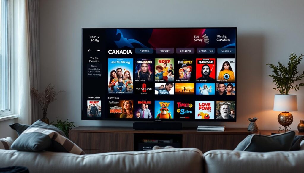 Generate an image of a Canadian TV screen displaying a variety of movies and TV shows.