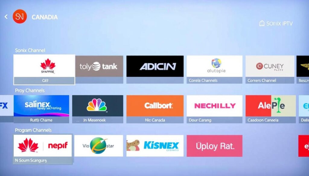 Generate an image of a Canadian TV screen displaying various channels available on Sonix IPTV