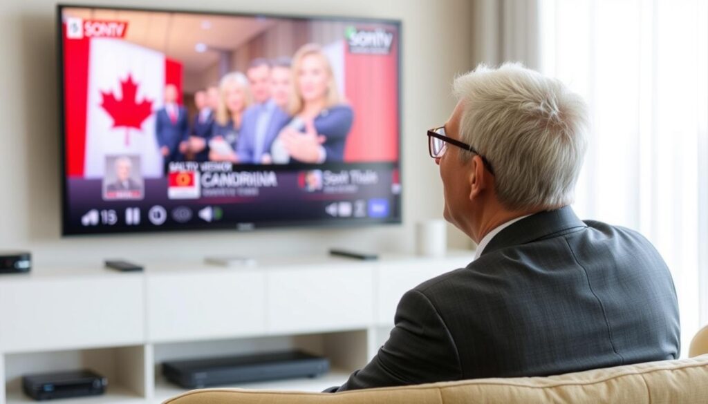 Generate an image of a Canadian TV viewer enjoying their favorite show on Sonix IPTV with a satisfied expression. Generate an image of a Canadian TV viewer enjoying their favorite show on Sonix IPTV with a satisfied expression.