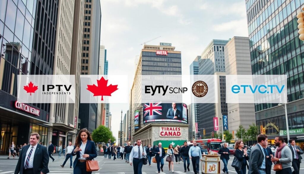 Generate an image of a Canadian cityscape with various independent IPTV provider logos