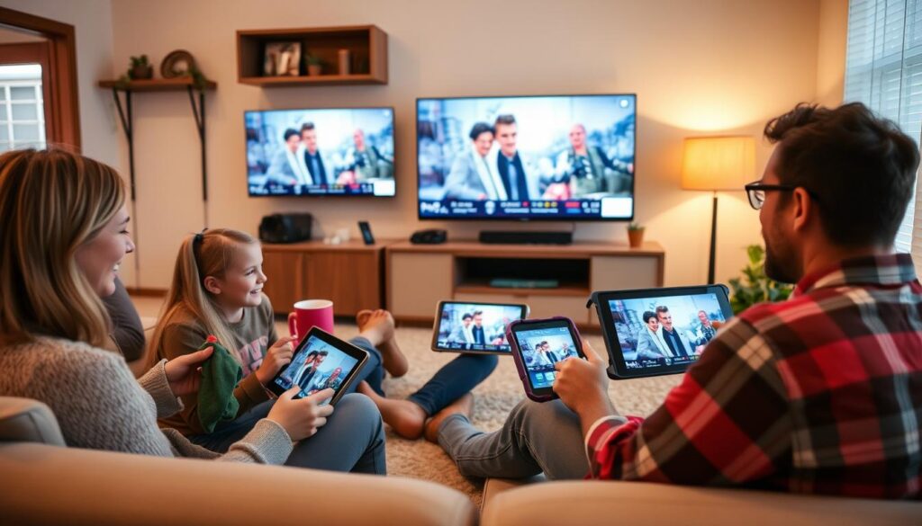 Generate an image of a Canadian family enjoying their favourite TV show on multiple devices via Sonix IPTV. Generate an image of a Canadian family enjoying their favourite TV show on multiple devices via Sonix IPTV.