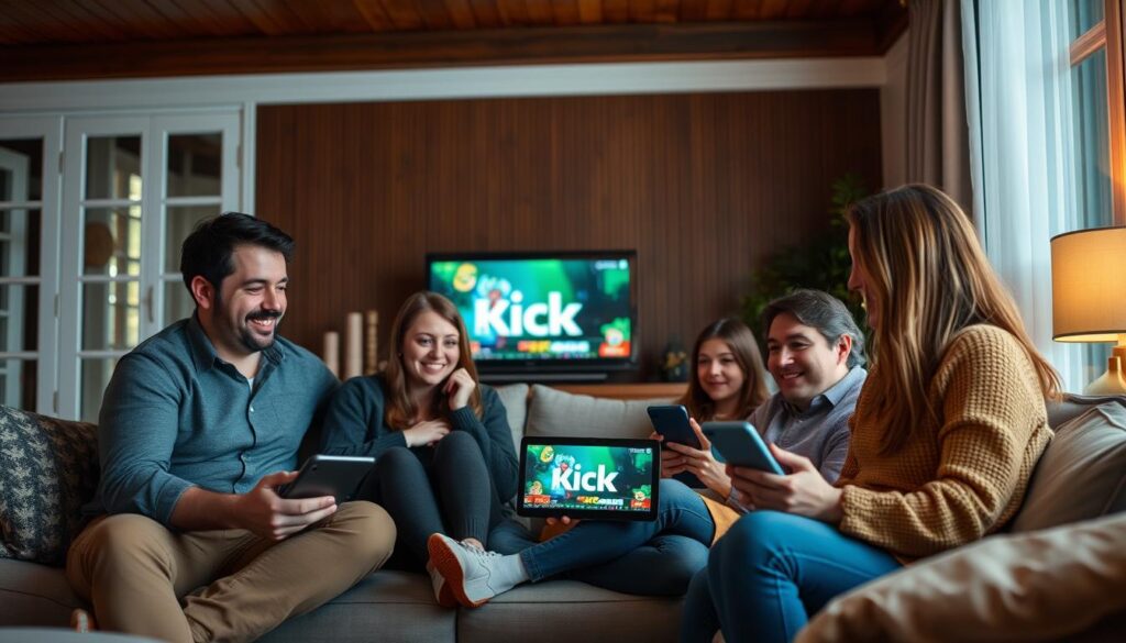 Generate an image of a Canadian family using multiple devices with Kick IPTV