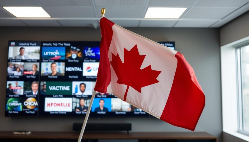 Generate an image of a Canadian flag waving with a TV screen displaying various channels in the background. Generate an image of a Canadian flag waving with a TV screen displaying various channels in the background.
