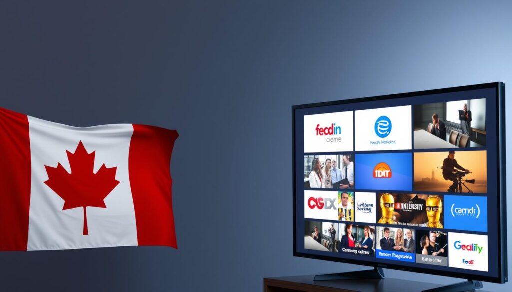 Generate an image of a Canadian flag with a TV screen displaying various channels