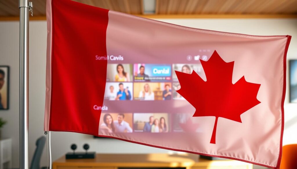 Generate an image of a Canadian flag with a TV screen displaying various channels