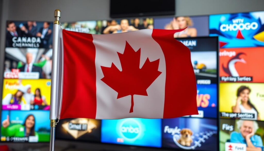 Generate an image of a Canadian flag with a TV screen displaying various channels in the background.