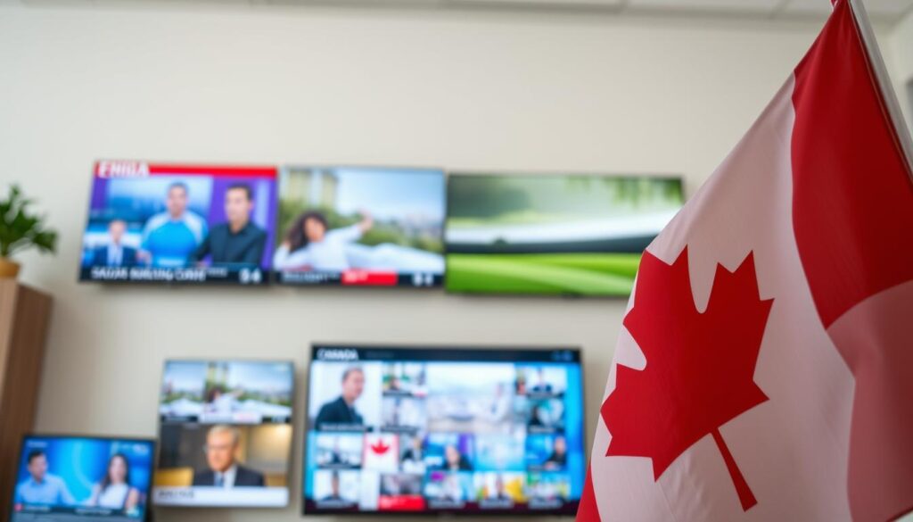 Generate an image of a Canadian flag with a TV screen displaying various channels in the background.