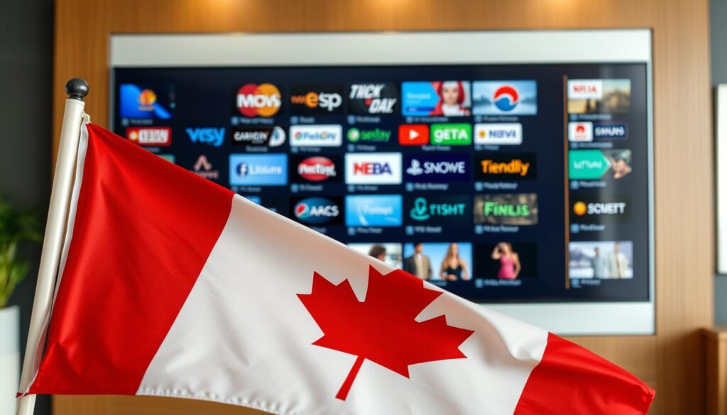 Generate an image of a Canadian flag with a TV screen displaying various channels in the background.