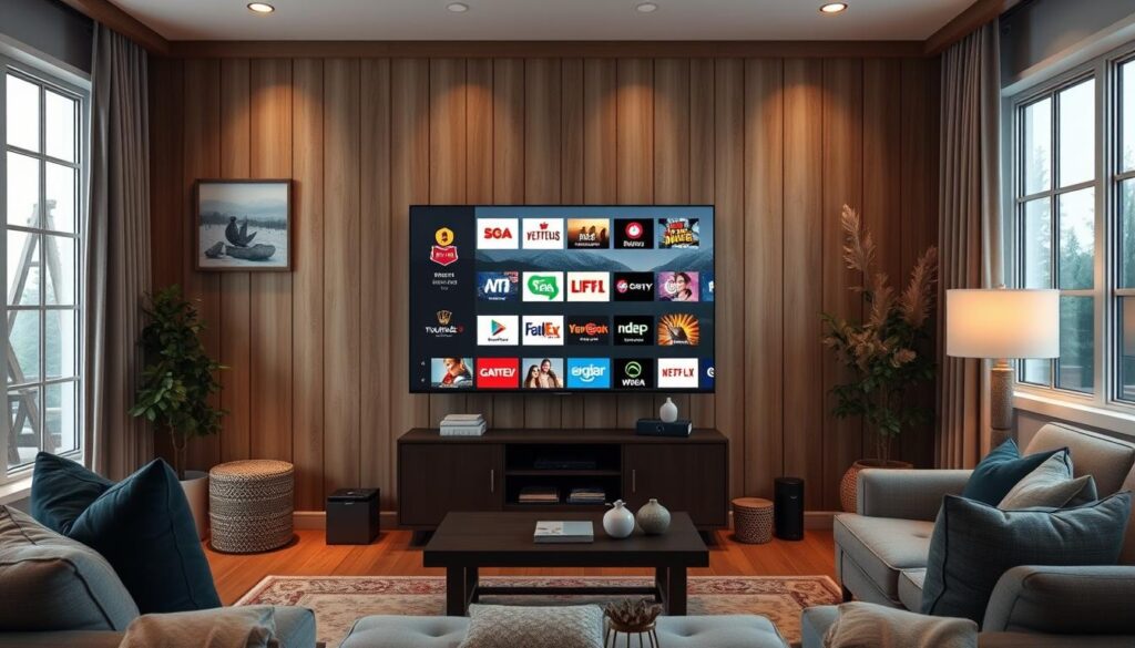 Generate an image of a Canadian living room with a TV displaying various channels from Royal Stream TV.