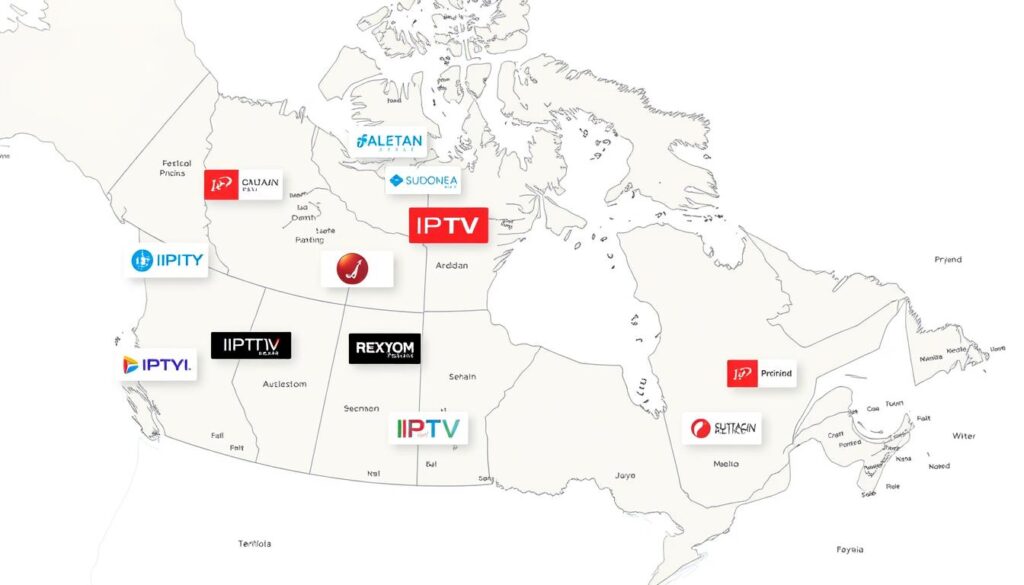 Generate an image of a Canadian map with various IPTV logos on it. Generate an image of a Canadian map with various IPTV logos on it.