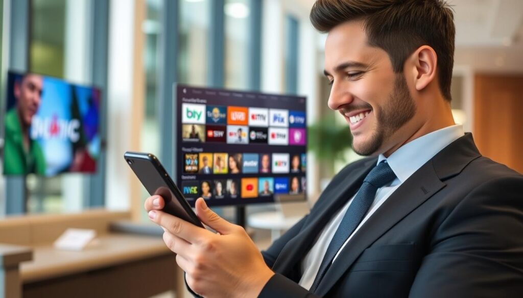 Generate an image of a Canadian mobile user enjoying IPTV on their smartphone with a diverse channel lineup.