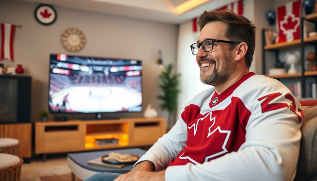 Generate an image of a Canadian sports fan watching a hockey game on IPTV with a satisfied expression. Generate an image of a Canadian sports fan watching a hockey game on IPTV with a satisfied expression.