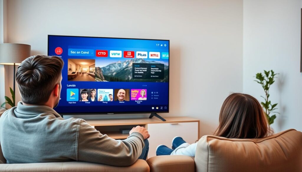 Generate an image of a Canadian user enjoying IPTV on a smart TV with a user-friendly interface.