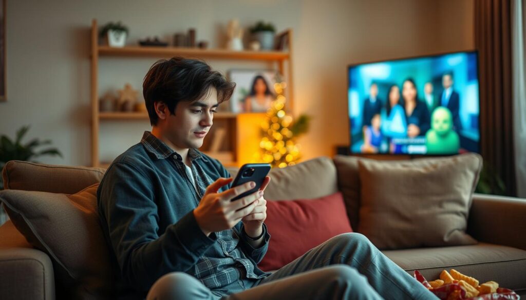 Generate an image of a Canadian user enjoying their favourite TV show on a mobile device using Kick LTV