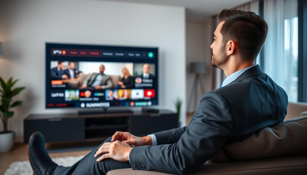 Generate an image of a Canadian viewer enjoying premium IPTV content on a large screen TV.