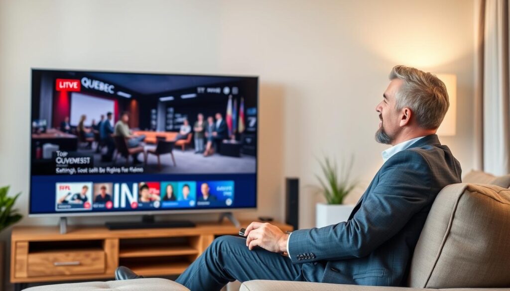 Generate an image of a Quebec resident enjoying their favorite TV show on a sleek, modern TV using one of the top IPTV services.