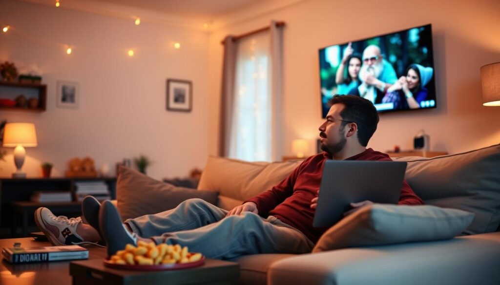 Generate an image of a Quebec resident happily watching TV on a budget-friendly IPTV service