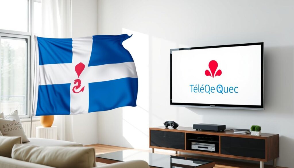 Generate an image of a Quebecois flag with a TV displaying Télé-Québec Generate an image of a Quebecois flag with a TV displaying Télé-Québec