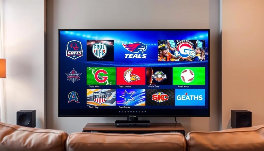 Generate an image of a TV screen displaying various sports channels Generate an image of a TV screen displaying various sports channels