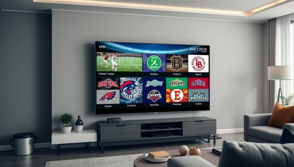 Generate an image of a TV screen showing various sports channels